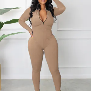 Athleisure Women Solid Color Basic Stand Collar Zip Long Sleeve Jumpsuit