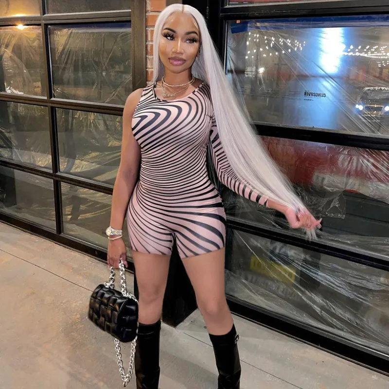 Women Casual Half Long Sleeve Striped Print Rompers