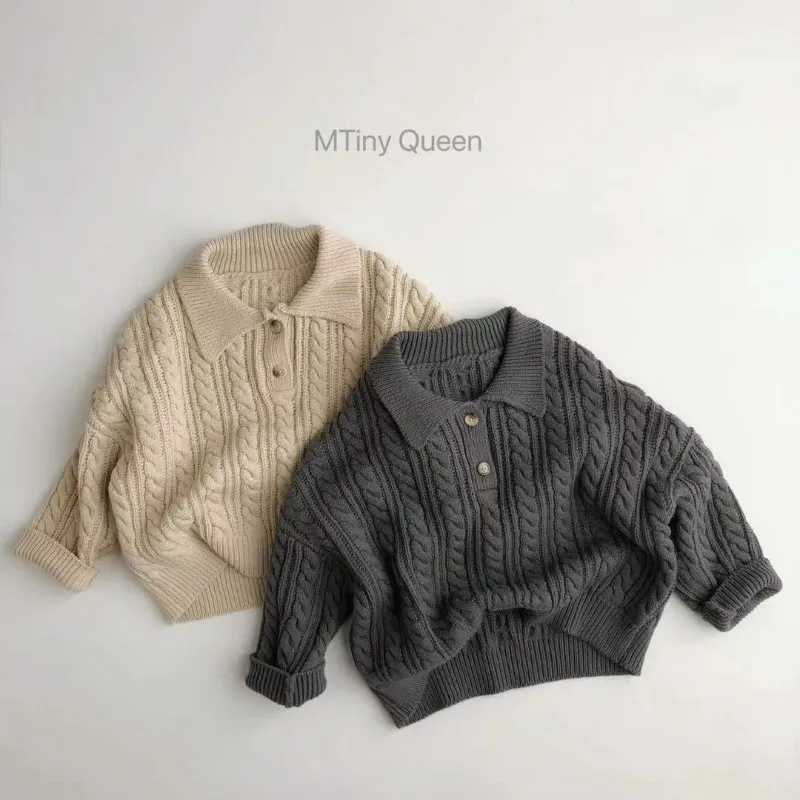 Kids Toddler Girls Boy Fashion Loose Solid Twist Knit Sweater Pullover Long Sleeves Lapel Cotton