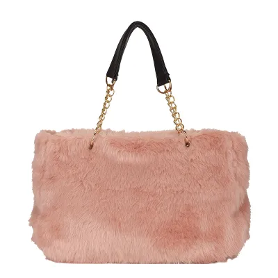 Fashion Large Capacity Solid Color Plush Chain Shoulder Tote Bag