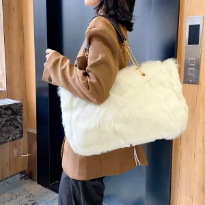 Fashion Large Capacity Solid Color Plush Chain Shoulder Tote Bag