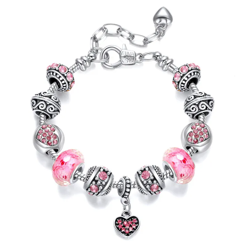 Women Fashion Pink Acrylic Alloy Silver Plated Leaf Bead Bracelet