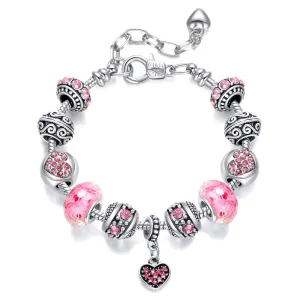 Women Fashion Pink Acrylic Alloy Silver Plated Leaf Bead Bracelet