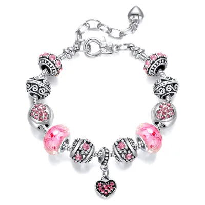 Women Fashion Pink Acrylic Alloy Silver Plated Leaf Bead Bracelet