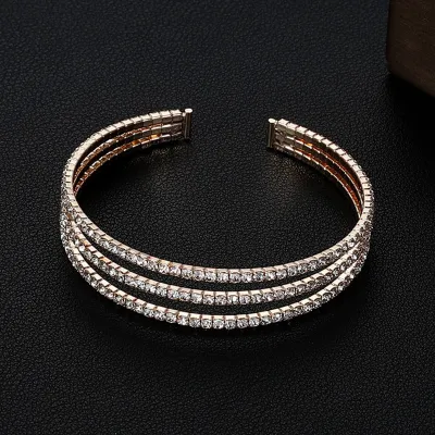 Women Fashion Simple Full Drilled Open Elastic Multi-Row Claw Chain Pearl Bracelet