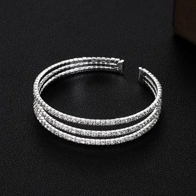 Women Fashion Simple Full Drilled Open Elastic Multi-Row Claw Chain Pearl Bracelet