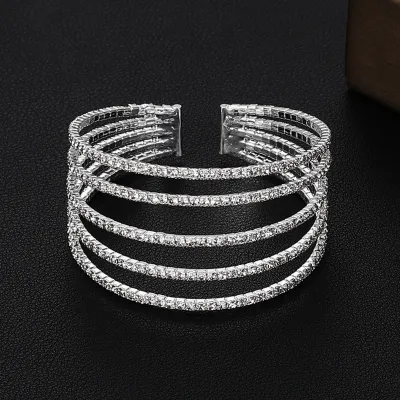 Women Fashion Simple Full Drilled Open Elastic Multi-Row Claw Chain Pearl Bracelet