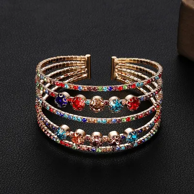 Women Fashion Simple Full Drilled Open Elastic Multi-Row Claw Chain Pearl Bracelet