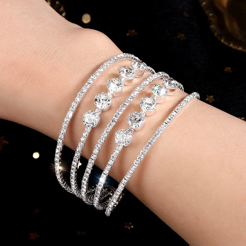 Women Fashion Simple Full Drilled Open Elastic Multi-Row Claw Chain Pearl Bracelet