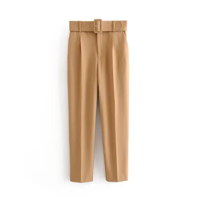 Women's Casual Solid Color Slim Belt High Waist Straight Pants