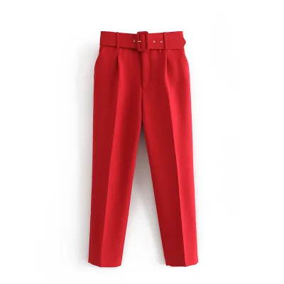 Women's Casual Solid Color Slim Belt High Waist Straight Pants
