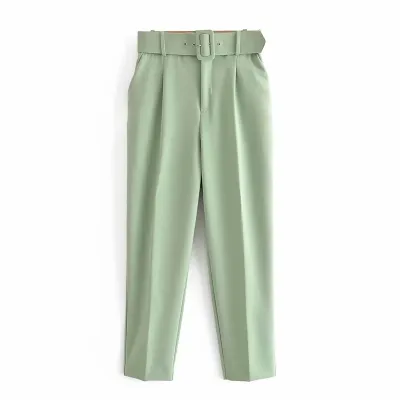 Women's Casual Solid Color Slim Belt High Waist Straight Pants