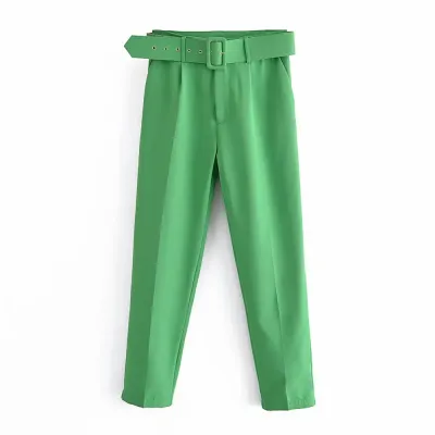 Women's Casual Solid Color Slim Belt High Waist Straight Pants