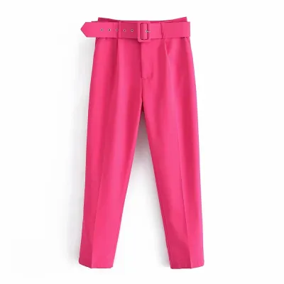 Women's Casual Solid Color Slim Belt High Waist Straight Pants