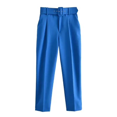 Women's Casual Solid Color Slim Belt High Waist Straight Pants