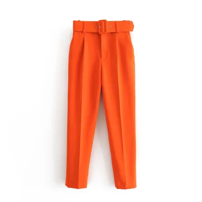 Women's Casual Solid Color Slim Belt High Waist Straight Pants