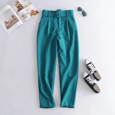 Women's Casual Solid Color Slim Belt High Waist Straight Pants
