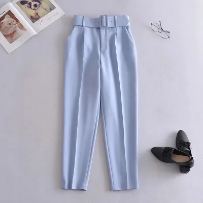 Women's Casual Solid Color Slim Belt High Waist Straight Pants