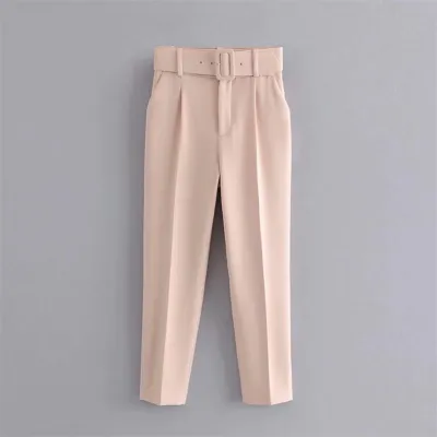 Women's Casual Solid Color Slim Belt High Waist Straight Pants