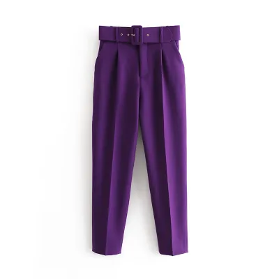 Women's Casual Solid Color Slim Belt High Waist Straight Pants
