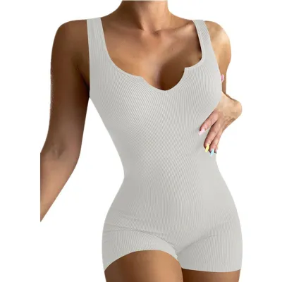 Women Solid Color Basic Ribbed V-Neck Slim Casual Rompers
