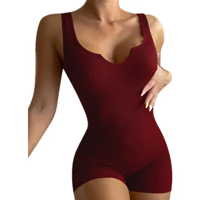 Women Solid Color Basic Ribbed V-Neck Slim Casual Rompers