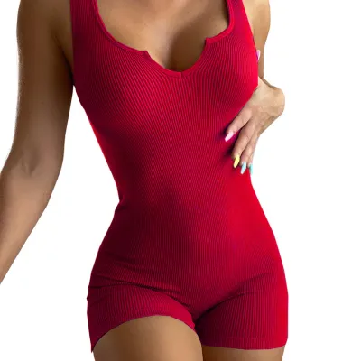 Women Solid Color Basic Ribbed V-Neck Slim Casual Rompers