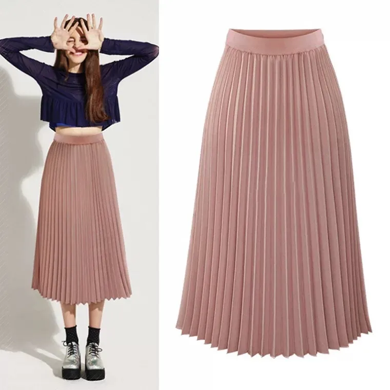 Women Chiffon Pleated Skirt Mid Length High Waist Elastic Slim Fit Loose