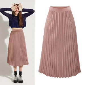 Women Chiffon Pleated Skirt Mid Length High Waist Elastic Slim Fit Loose