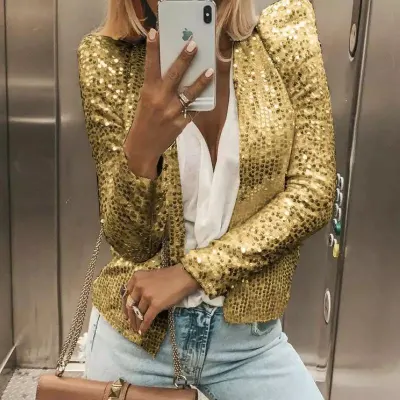 Women Elegant Fashion Solid Color Sequin Long Sleeve Casual Jacket