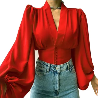 Women Elegant Spring Temperament Button V-neck Lantern Sleeve Blouse