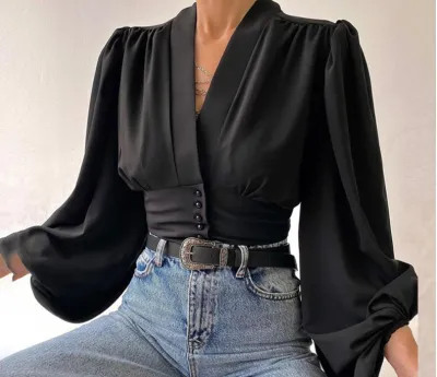 Women Elegant Spring Temperament Button V-neck Lantern Sleeve Blouse