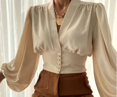 Women Elegant Spring Temperament Button V-neck Lantern Sleeve Blouse