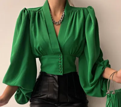Women Elegant Spring Temperament Button V-neck Lantern Sleeve Blouse