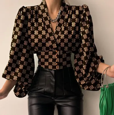 Women Elegant Spring Temperament Button V-neck Lantern Sleeve Blouse