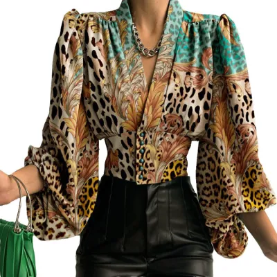 Women Elegant Spring Temperament Button V-neck Lantern Sleeve Blouse