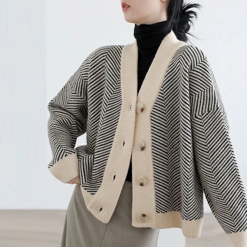 Autumn Women Stripe Loose Color Blocking V Neck Knitted Cardigan Coat