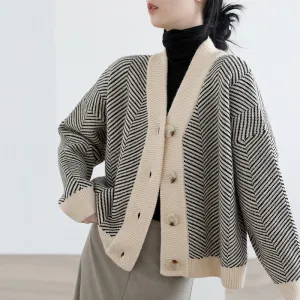 Autumn Women Stripe Loose Color Blocking V Neck Knitted Cardigan Coat