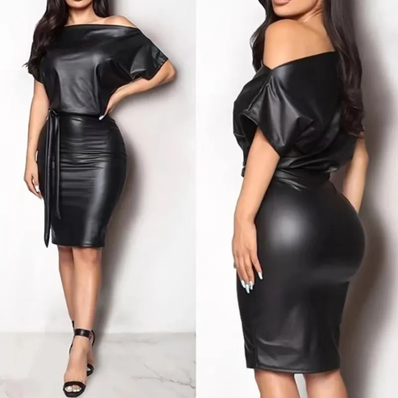 Women Oblique Shoulder Short Sleeve PU Leather Midi Dress