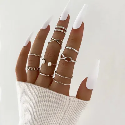 Women Fashion Sweet 8 Character Pearl Twist Open 9 Piece Rings