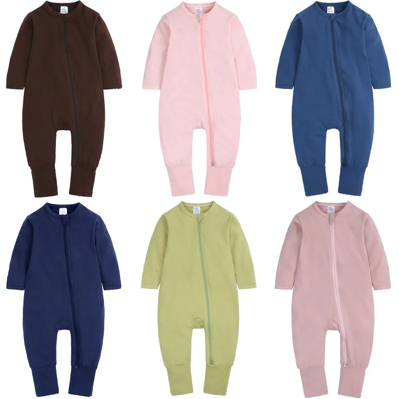 Baby Simple Solid Color Cotton Long-Sleeved Zipper Romper Unisex