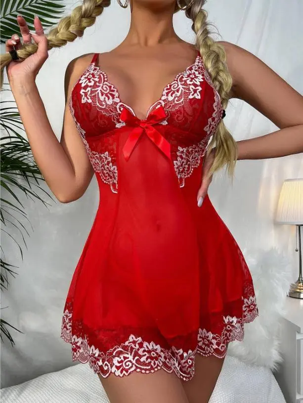 Women's Sexy High Elastic Mesh See-through Fashion Lace Patchwork Lingerie Pajamas