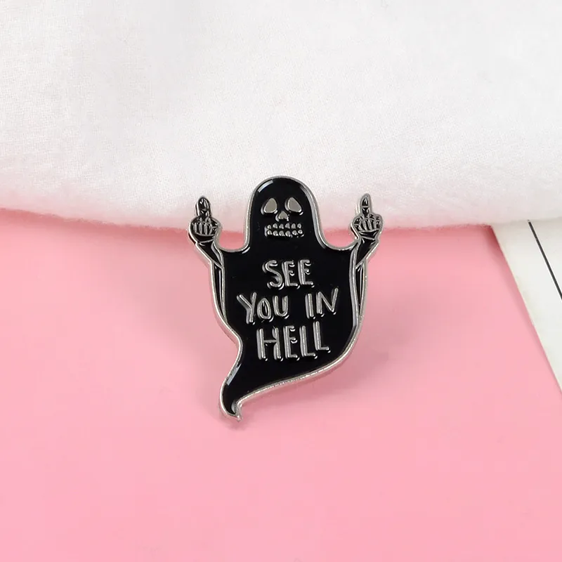 Creative Personality Black Ghost Naughty Gesture Enameled Metal Brooch Unisex Cartoon Letter