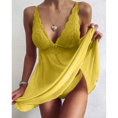 Women Sexy High Elastic Mesh See-Through Fashion Solid Color Lace Patchwork Lingerie Set