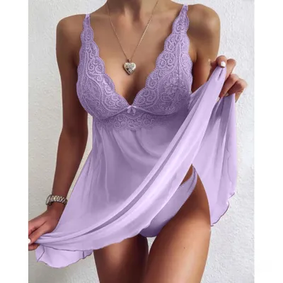 Women Sexy High Elastic Mesh See-Through Fashion Solid Color Lace Patchwork Lingerie Set