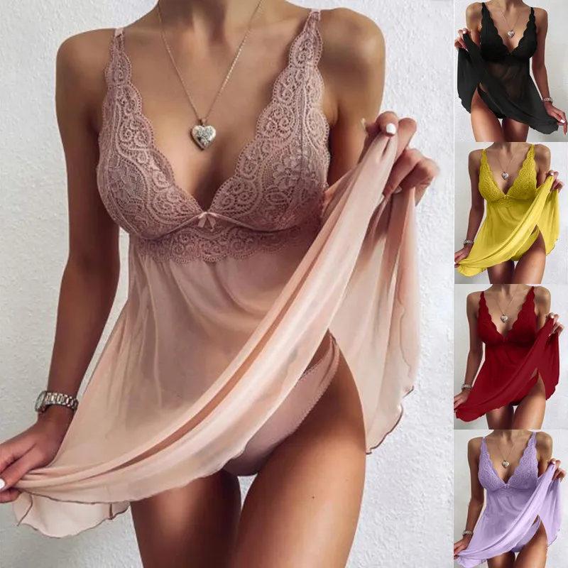 Women Sexy High Elastic Mesh See-Through Fashion Solid Color Lace Patchwork Lingerie Set