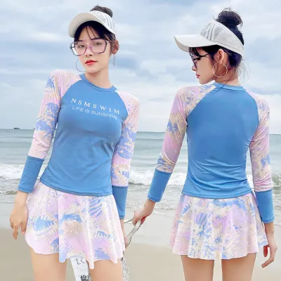 Women Long Sleeve Panel Tie Dye Print Top And Skirt Two Piece Tankini Swimsuit