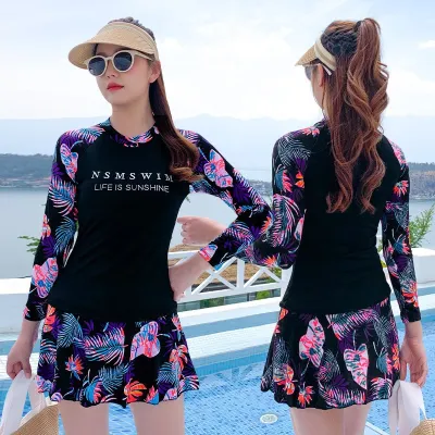 Women Long Sleeve Panel Tie Dye Print Top And Skirt Two Piece Tankini Swimsuit