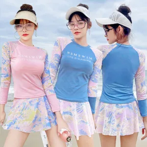 Women Long Sleeve Panel Tie Dye Print Top And Skirt Two Piece Tankini Swimsuit