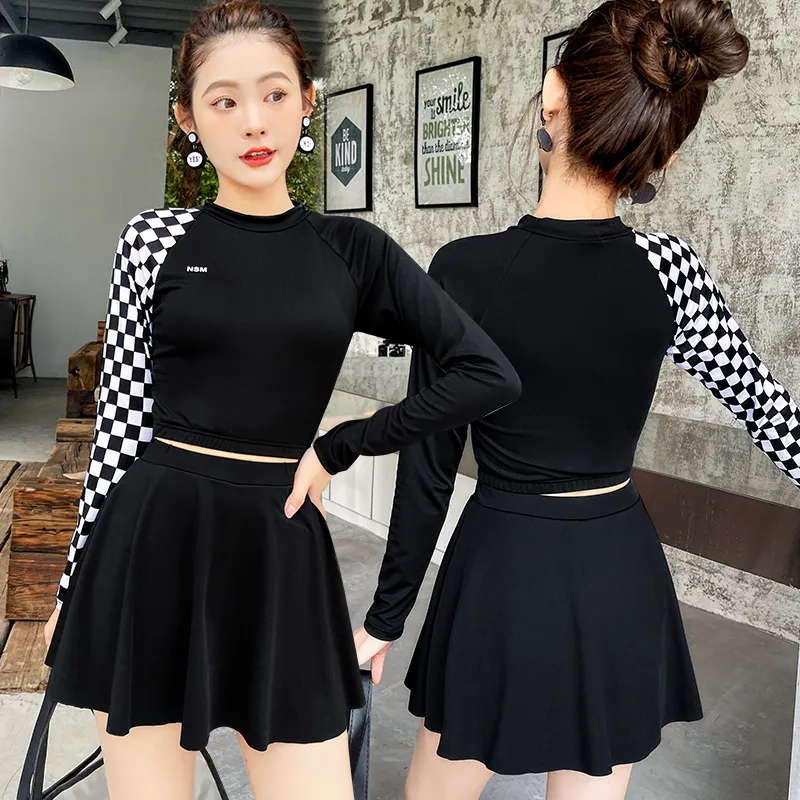 Women Long Sleeve Paneled Plaid Print Top And Skirt Two-Piece Tankini Swimsuit